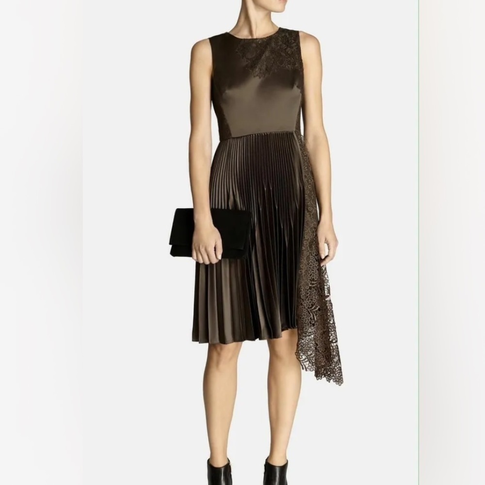 Karen Millen Brown Pleated Midi Dress with Lace Detail Size 4 - Picture 1 of 10